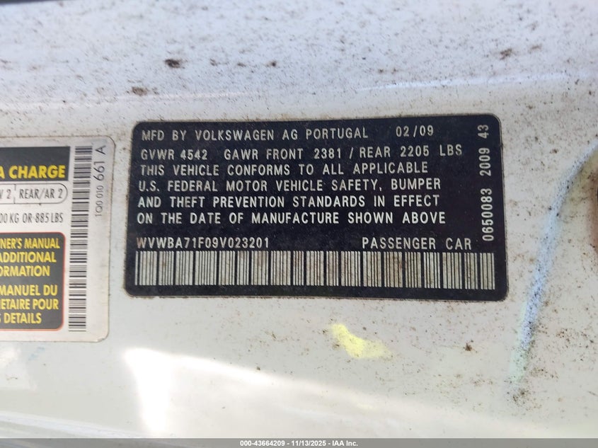 2009 Volkswagen Eos Komfort VIN: WVWBA71F09V023201 Lot: 43664209