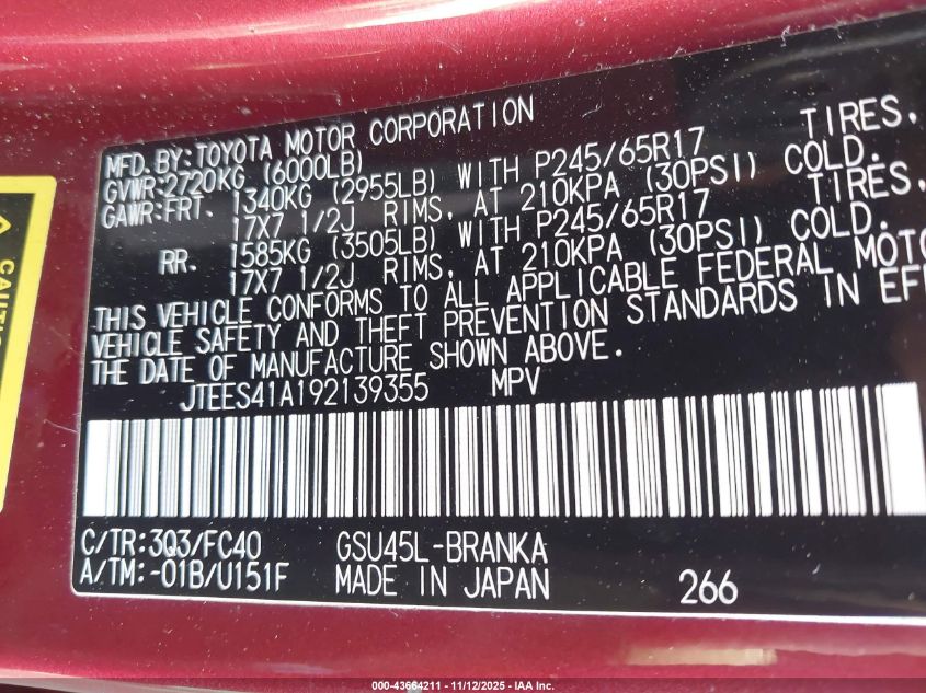 2009 Toyota Highlander VIN: JTEES41A192139355 Lot: 43664211