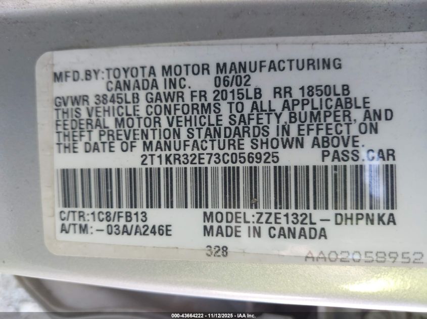 2003 Toyota Matrix Xr VIN: 2T1KR32E73C056925 Lot: 43664222