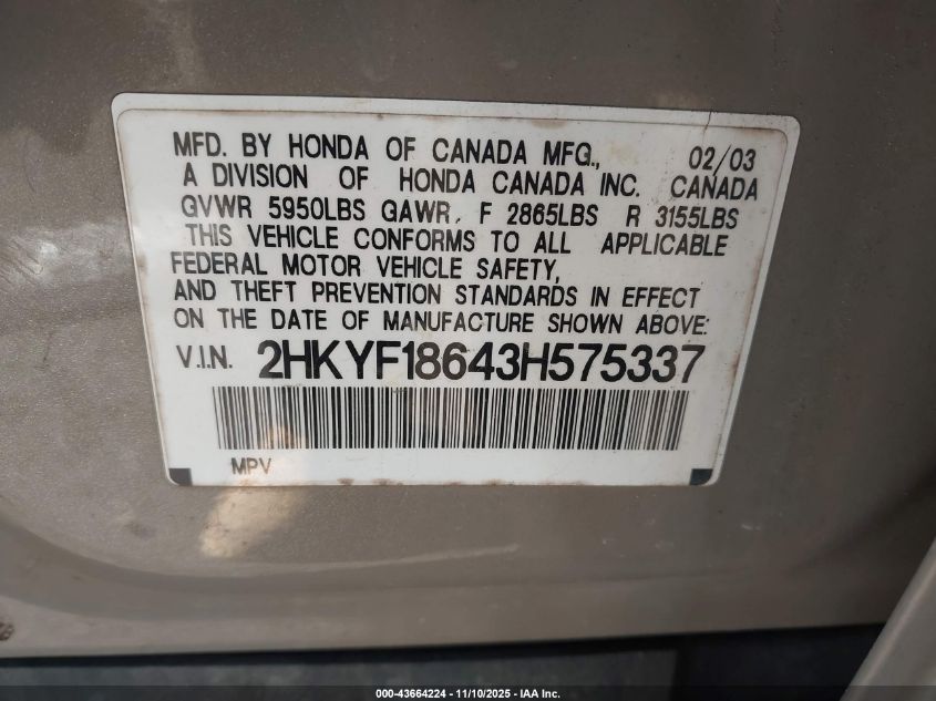 2003 Honda Pilot Ex-L VIN: 2HKYF18643H575337 Lot: 43664224
