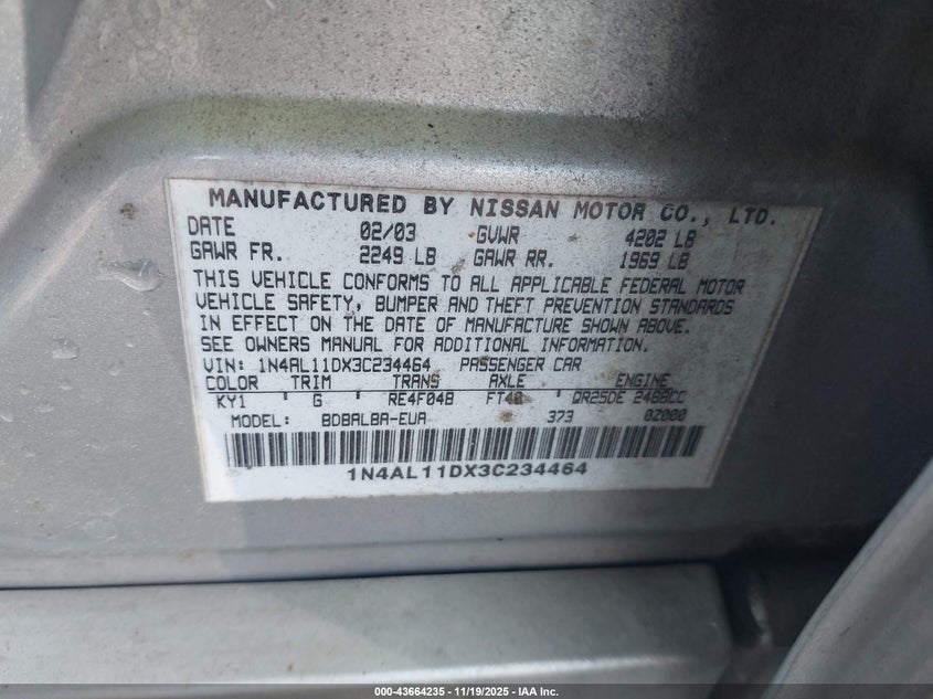 2003 Nissan Altima 2.5 S VIN: 1N4AL11DX3C234464 Lot: 43664235