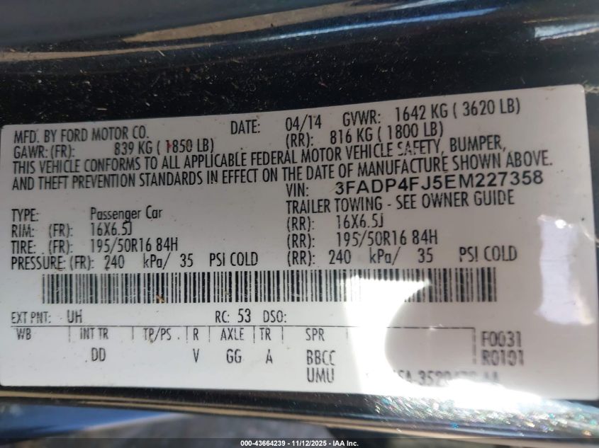 2014 Ford Fiesta Titanium VIN: 3FADP4FJ5EM227358 Lot: 43664239