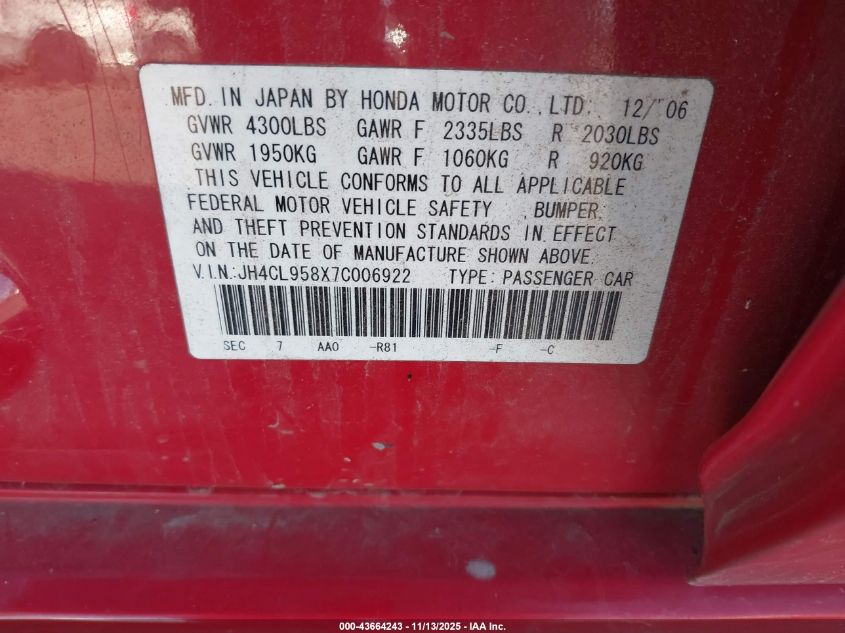 2007 Acura Tsx VIN: JH4CL958X7C006922 Lot: 43664243