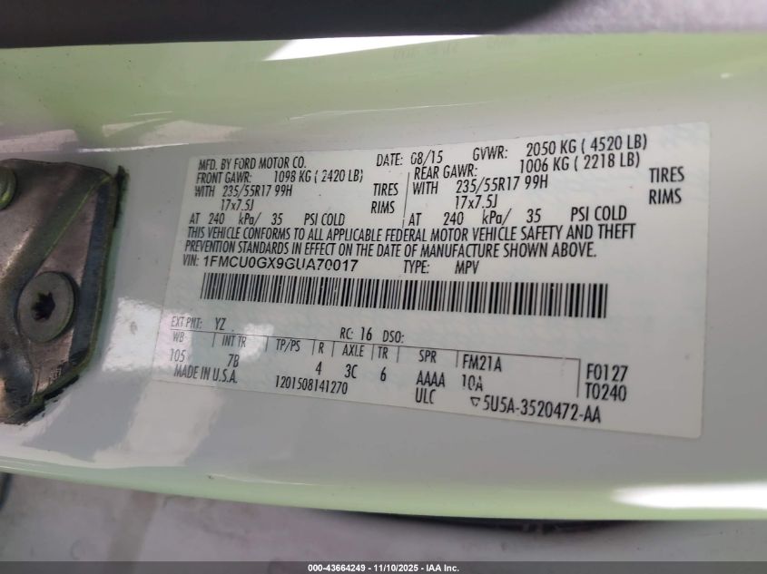 2016 Ford Escape Se VIN: 1FMCU0GX9GUA70017 Lot: 43664249