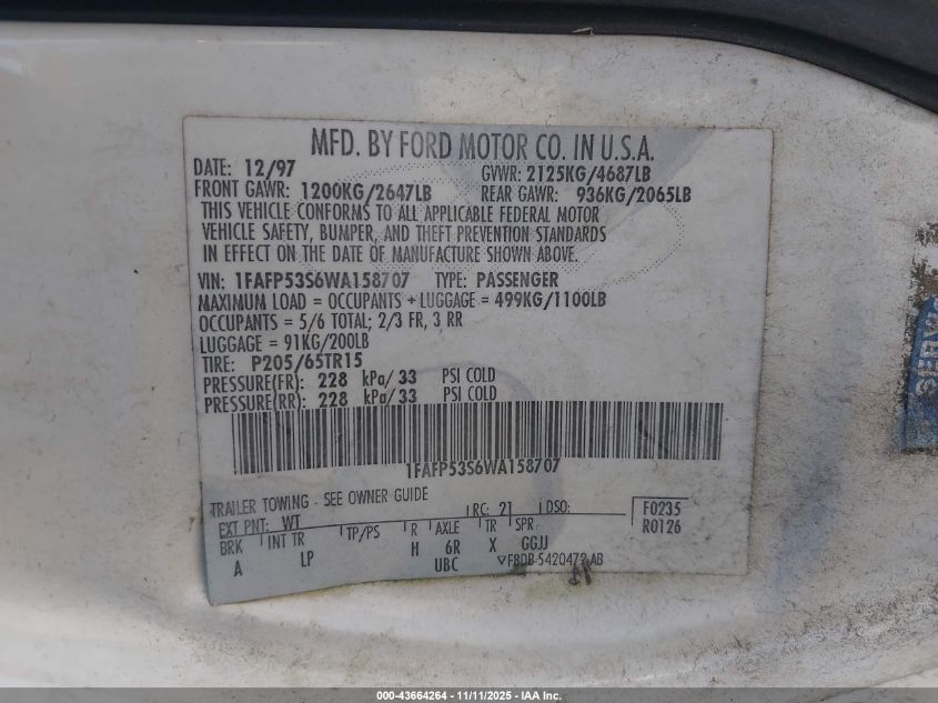 1998 Ford Taurus Se Comfort VIN: 1FAFP53S6WA158707 Lot: 43664264