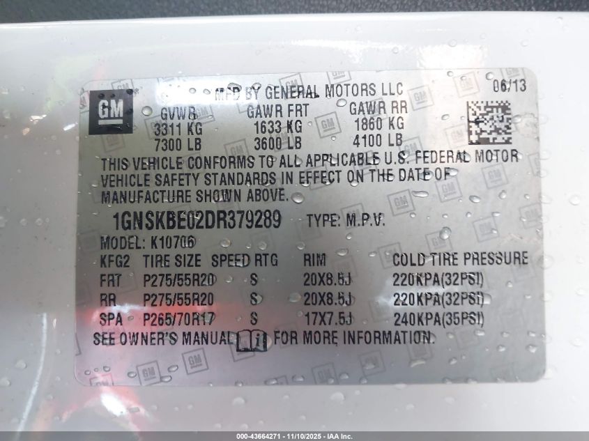 2013 Chevrolet Tahoe Lt VIN: 1GNSKBE02DR379289 Lot: 43664271