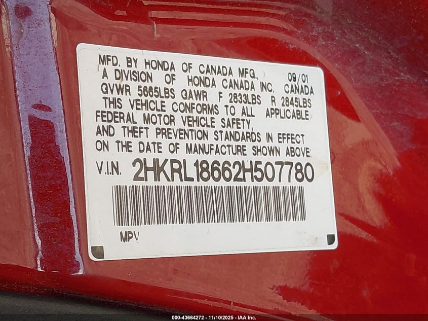 2002 Honda Odyssey Ex VIN: 2HKRL18662H507780 Lot: 43664272