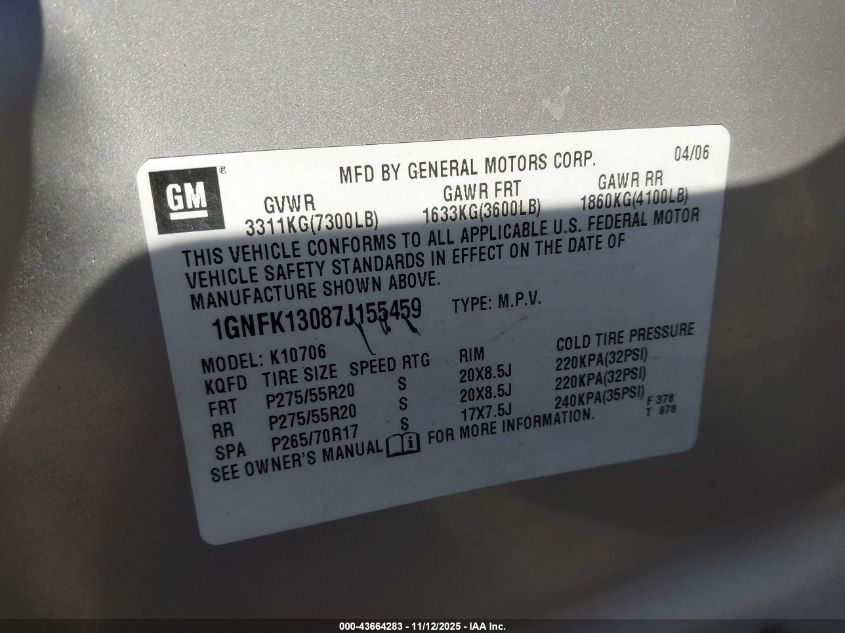2007 Chevrolet Tahoe Lt VIN: 1GNFK13087J155459 Lot: 43664283