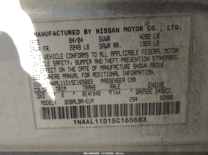 2005 Nissan Altima 2.5 S VIN: 1N4AL11D15C165683 Lot: 43664295