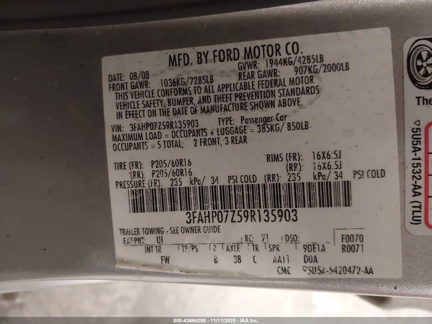 2009 Ford Fusion Se VIN: 3FAHP07Z59R135903 Lot: 43664298