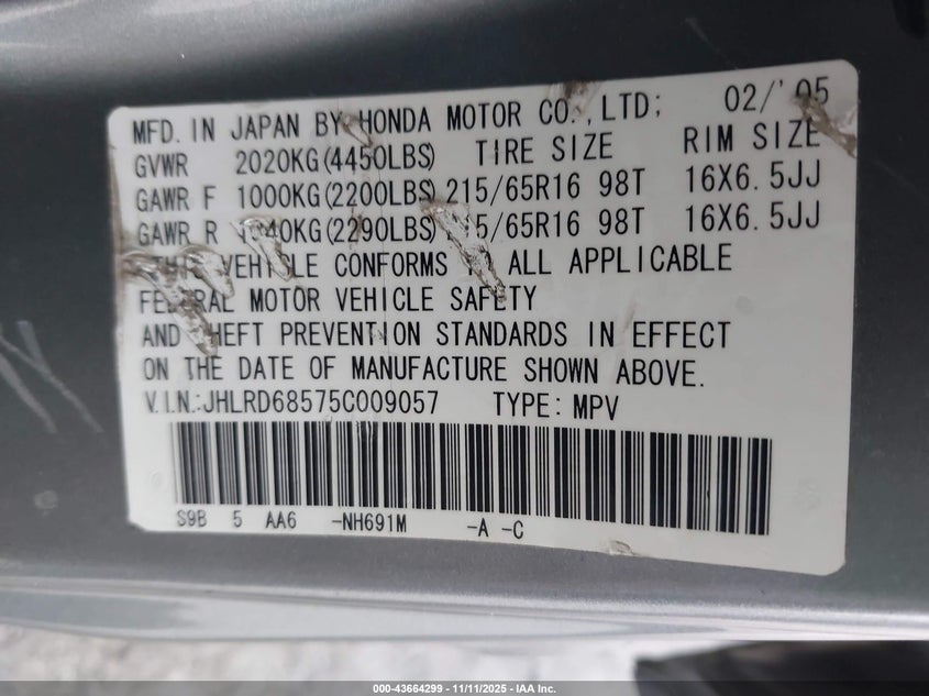 2005 Honda Cr-V Lx VIN: JHLRD68575C009057 Lot: 43664299
