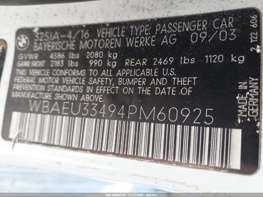 2004 BMW 325Xi VIN: WBAEU33494PM60925 Lot: 43664315