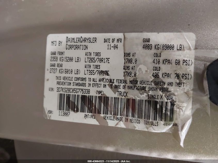 2005 Dodge Ram 2500 Slt/Laramie VIN: 3D7KS28C05G775338 Lot: 43664323