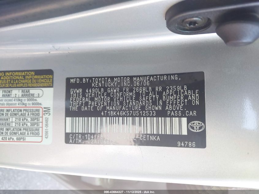 2007 Toyota Camry Le V6 VIN: 4T1BK46K57U512533 Lot: 43664327