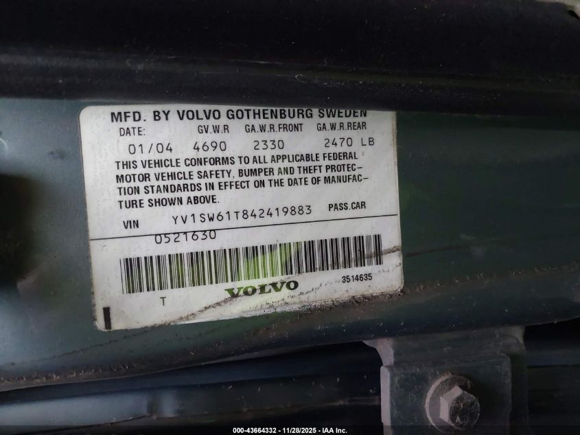 2004 Volvo V70 2.4 VIN: YV1SW61T842419883 Lot: 43664332