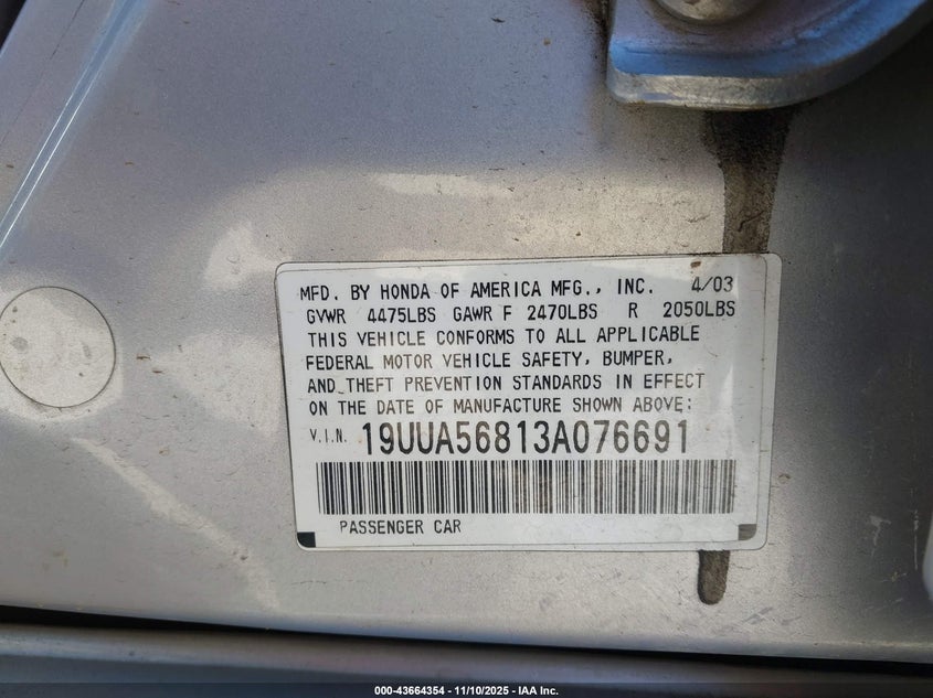 2003 Acura Tl 3.2 Type S VIN: 19UUA56813A076691 Lot: 43664354