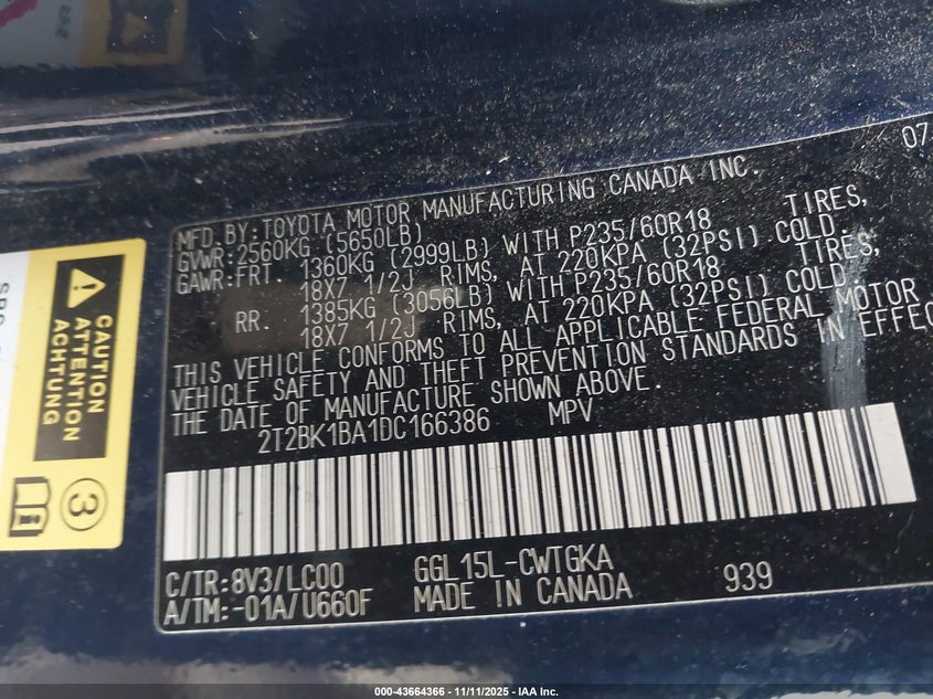 2013 Lexus Rx 350 VIN: 2T2BK1BA1DC166386 Lot: 43664366