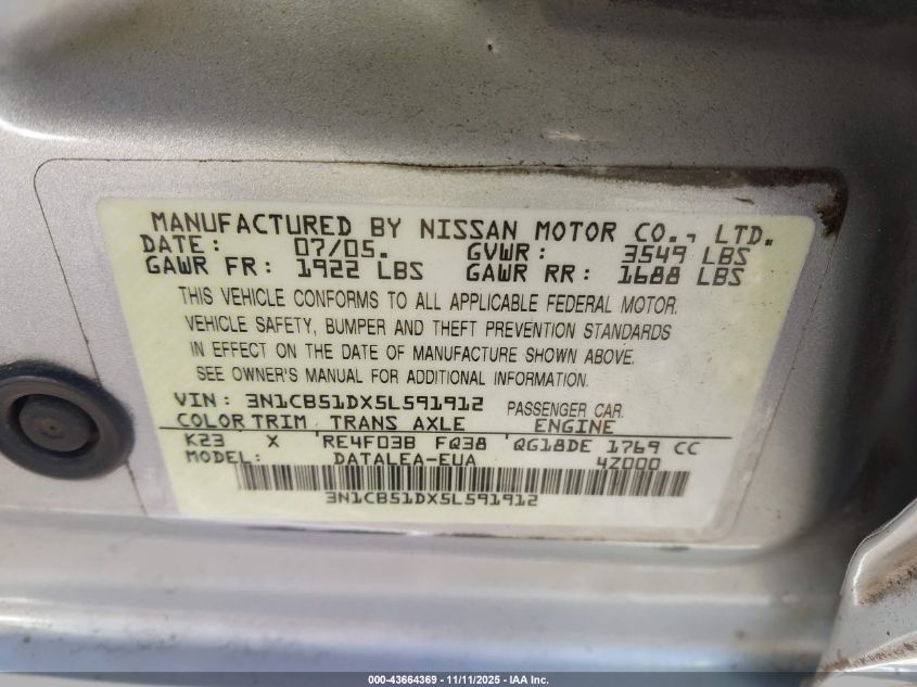 2005 Nissan Sentra 1.8S VIN: 3N1CB51DX5L591912 Lot: 43664369