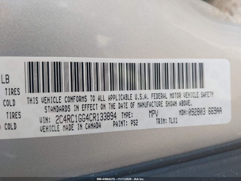 2012 Chrysler Town & Country Limited VIN: 2C4RC1GG4CR133894 Lot: 43664370