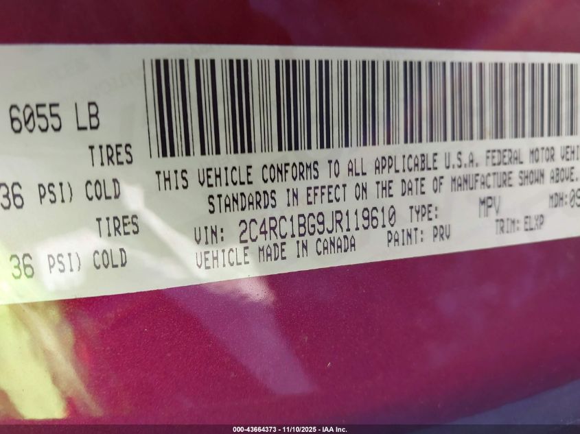 2018 Chrysler Pacifica Touring L VIN: 2C4RC1BG9JR119610 Lot: 43664373