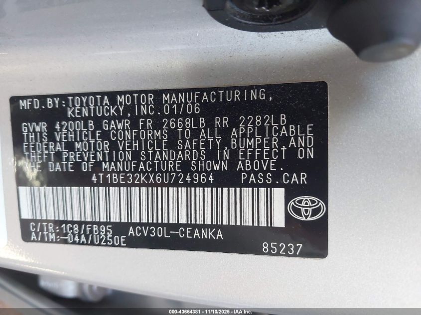 2006 Toyota Camry Le VIN: 4T1BE32KX6U724964 Lot: 43664381