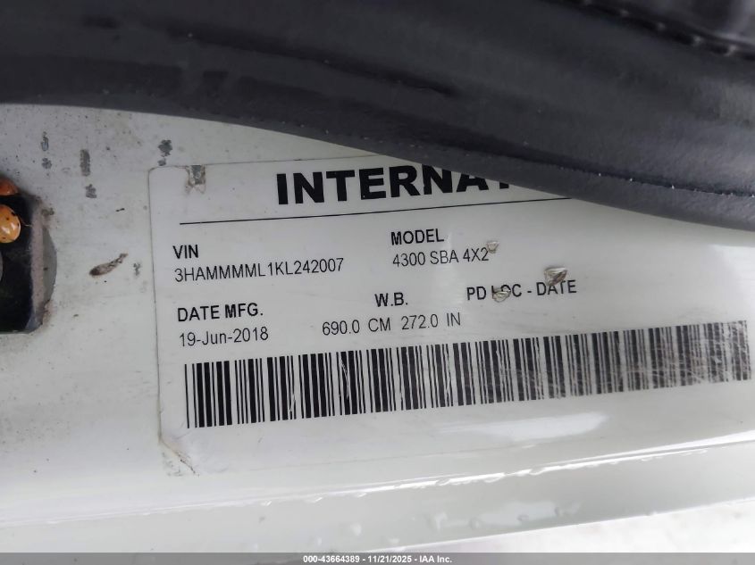 2019 International Durastar 4300 VIN: 3HAMMMML1KL242007 Lot: 43664389