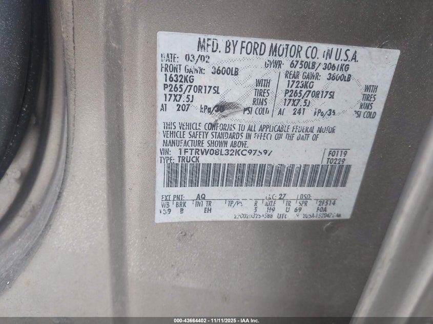 2002 Ford F-150 Lariat/Xlt VIN: 1FTRW08L32KC97597 Lot: 43664402