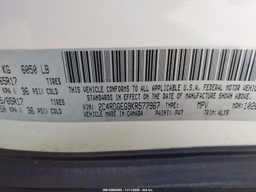 2019 Dodge Grand Caravan Gt VIN: 2C4RDGEG9KR577967 Lot: 43664405