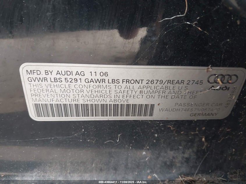 2007 Audi A6 3.2 VIN: WAUDH74F57N087440 Lot: 43664411