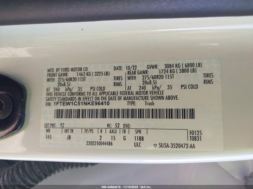 2022 Ford F-150 Xl VIN: 1FTEW1C51NKE96410 Lot: 43664419