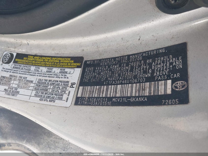 2006 Toyota Camry Solara Se VIN: 4T1FA38P46U106703 Lot: 43664455