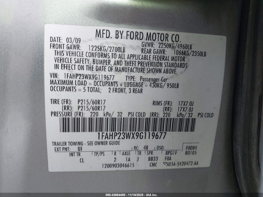 2009 Ford Taurus Se VIN: 1FAHP23WX9G119677 Lot: 43664490