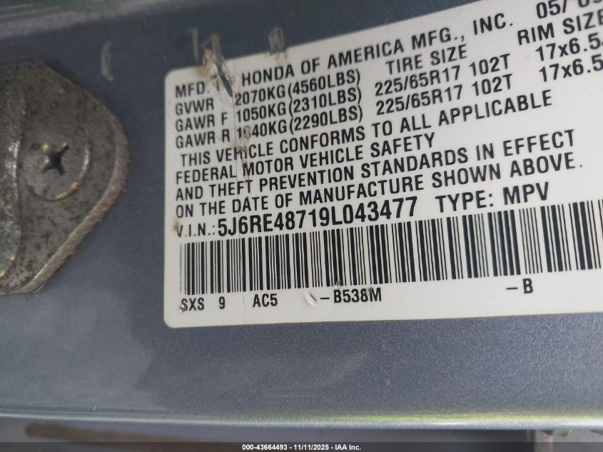 2009 Honda Cr-V Ex-L VIN: 5J6RE48719L043477 Lot: 43664493