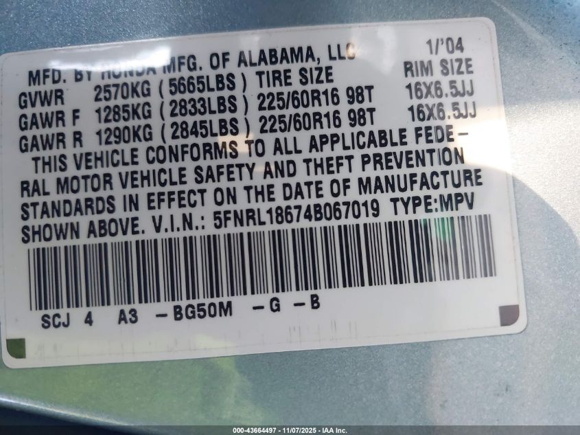 2004 Honda Odyssey Ex VIN: 5FNRL18674B067019 Lot: 43664497