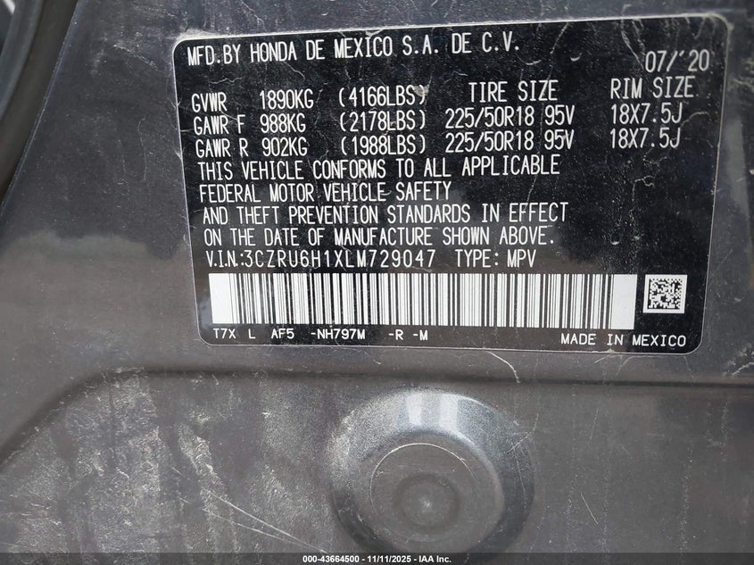 2020 HONDA HR-V AWD SPORT - 3CZRU6H1XLM729047
