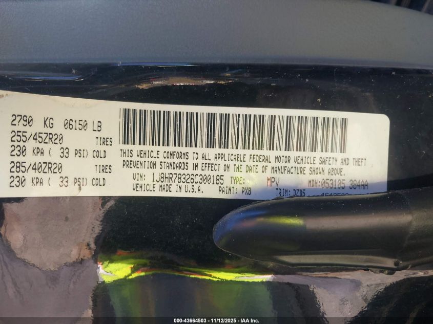 2006 Jeep Grand Cherokee Srt8 VIN: 1J8HR78326C300185 Lot: 43664503