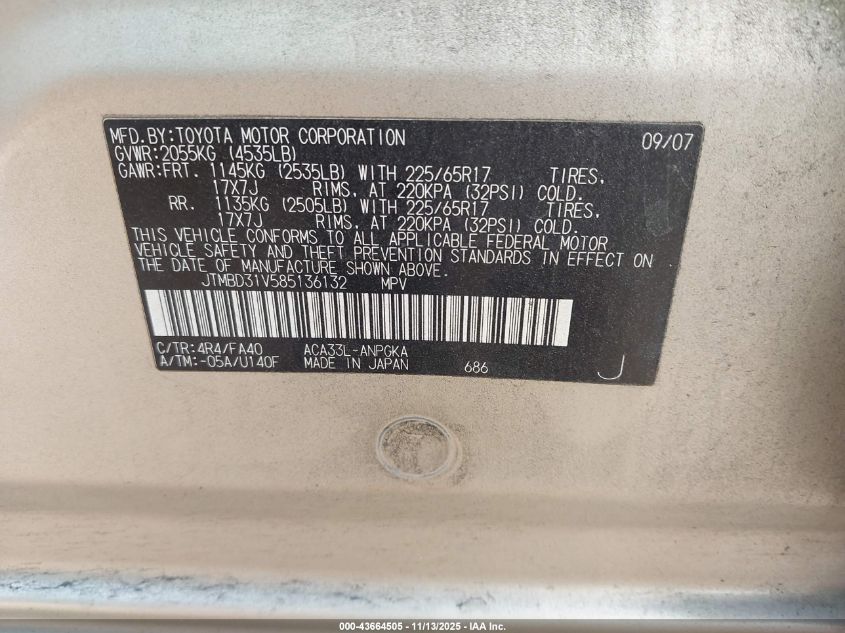 2008 Toyota Rav4 Limited VIN: 0JTMBD31V58513613 Lot: 43664505