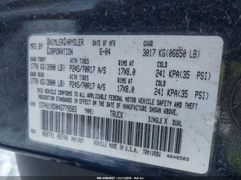 2004 Dodge Ram 1500 Slt/Laramie VIN: 1D7HU18D04S779565 Lot: 43664527