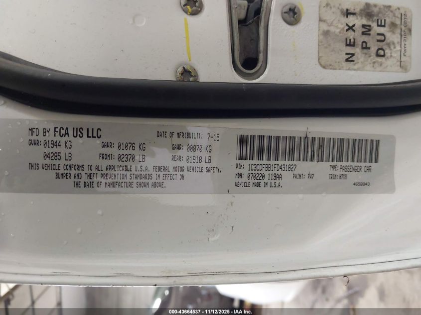 2015 Dodge Dart Sxt VIN: 1C3CDFBB1FD431827 Lot: 43664537