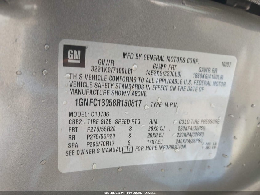 2008 Chevrolet Tahoe Lt VIN: 1GNFC13058R150817 Lot: 43664541