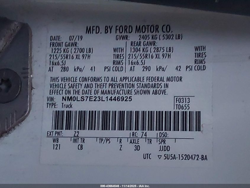 2020 Ford Transit Connect Xl VIN: NM0LS7E23L1446925 Lot: 43664546