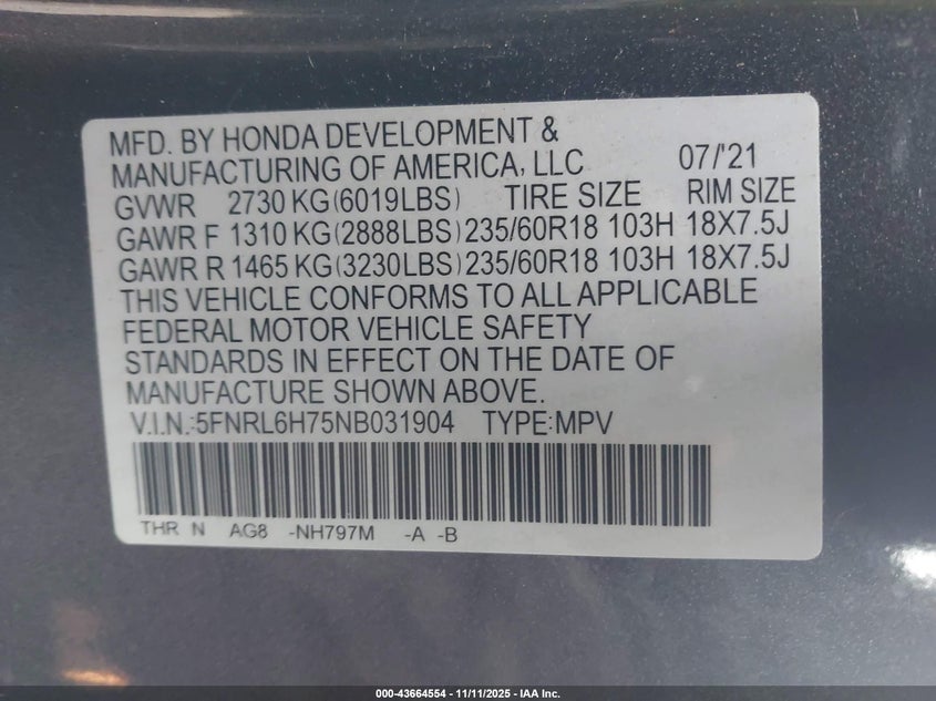 2022 HONDA ODYSSEY EX-L - 5FNRL6H75NB031904