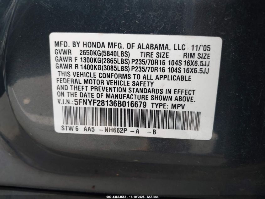 2006 Honda Pilot Lx VIN: 5FNYF28136B016679 Lot: 43664555