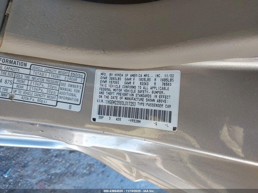 2003 Honda Civic Lx VIN: 1HGEM22593L017253 Lot: 43664558