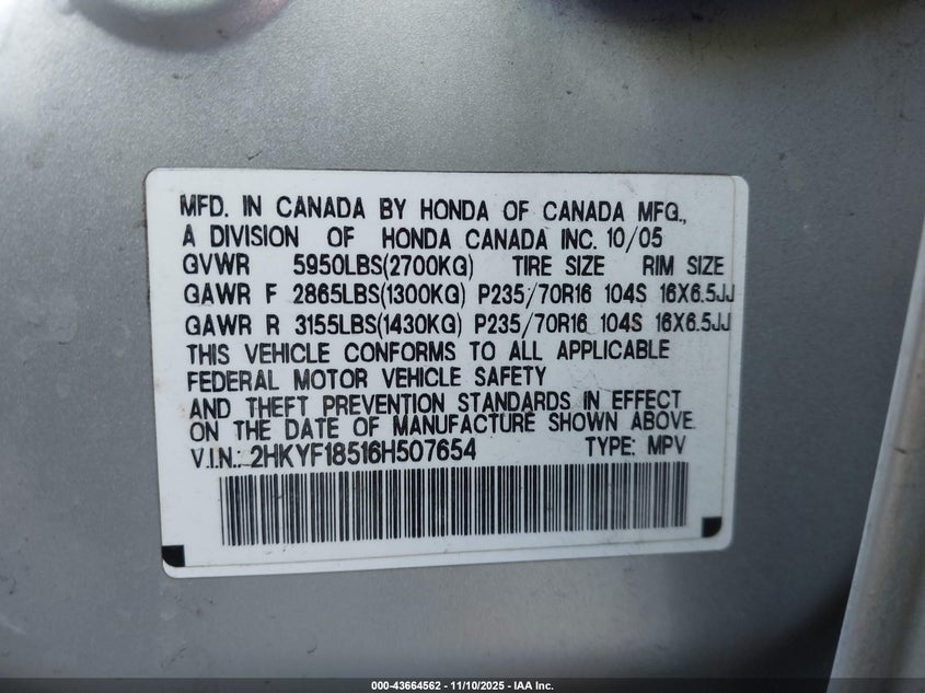 2HKYF18516H507654 2006 HONDA PILOT photo no. 9