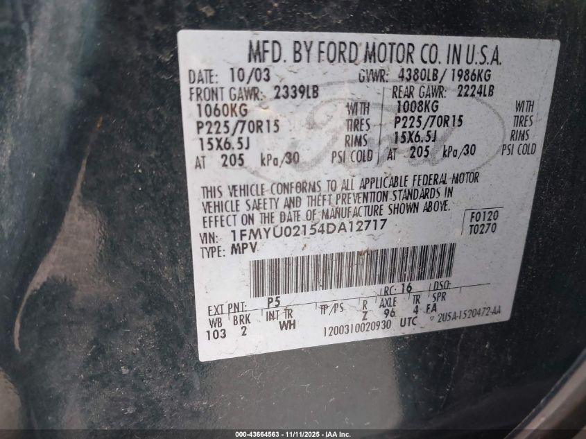 2004 Ford Escape Xls VIN: 1FMYU02154DA12717 Lot: 43664563