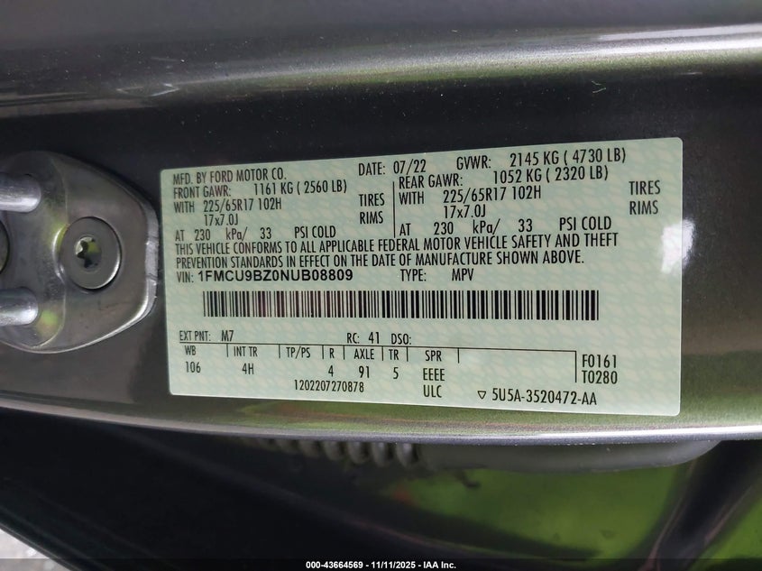 1FMCU9BZ0NUB08809 2022 FORD ESCAPE photo no. 9
