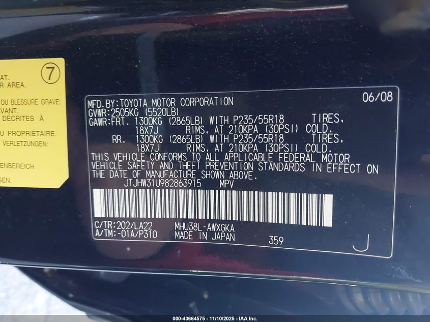 2008 Lexus Rx 400H VIN: JTJHW31U982863915 Lot: 43664575