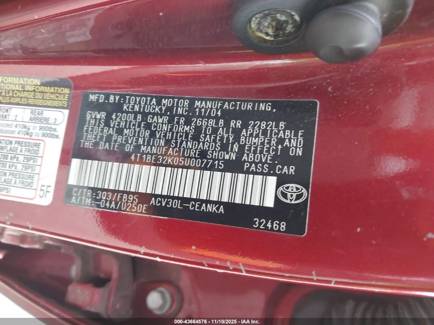 2005 Toyota Camry Le VIN: 4T1BE32K05U007715 Lot: 43664576