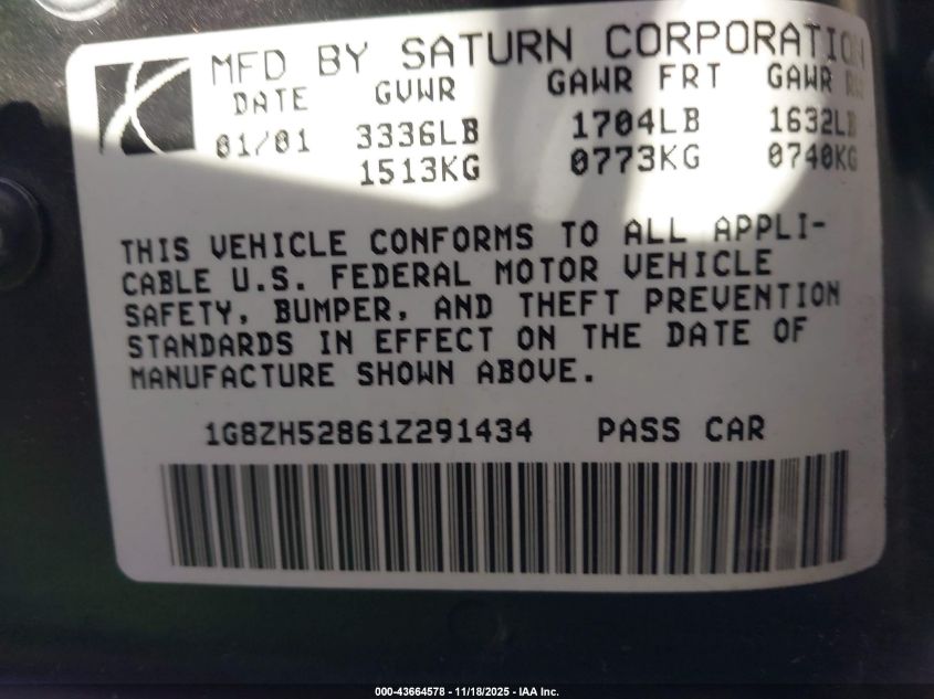 2001 Saturn Sl1 VIN: 1G8ZH52861Z291434 Lot: 43664578